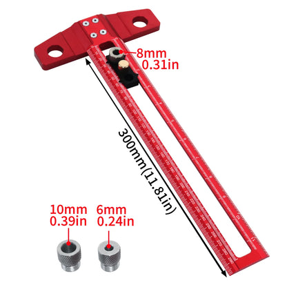 Woodworking 2 in 1 Drilling Positioning Scoring Ruler Aluminum Scriber Marking T Square Dowelling Jig with 6/8/10mm Drill Sleeve