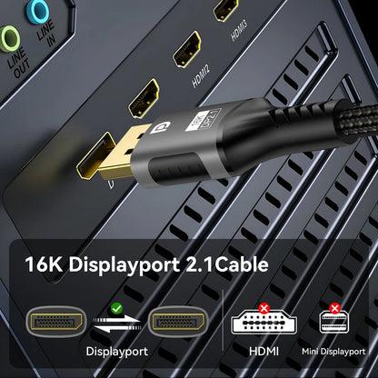 16K DP 2.1 8K@120Hz 4K@240Hz 80Gbps HDR Video Audio Displayport Cable Display Port for Laptop TV Xbox Projector Gaming Monitor