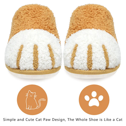 Shevalues Indoor Warm Plush Slippers For Women Men Cute Cat Paw Design House Fur Slippers Mute Flats Slides Indoor Fluffy Shoes