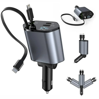 120W 4 IN 1 Car Charger with Retractable Cable and 2 USB Ports USB Type C Cigarette Lighter Adapter For IPhone Samsung Huawei