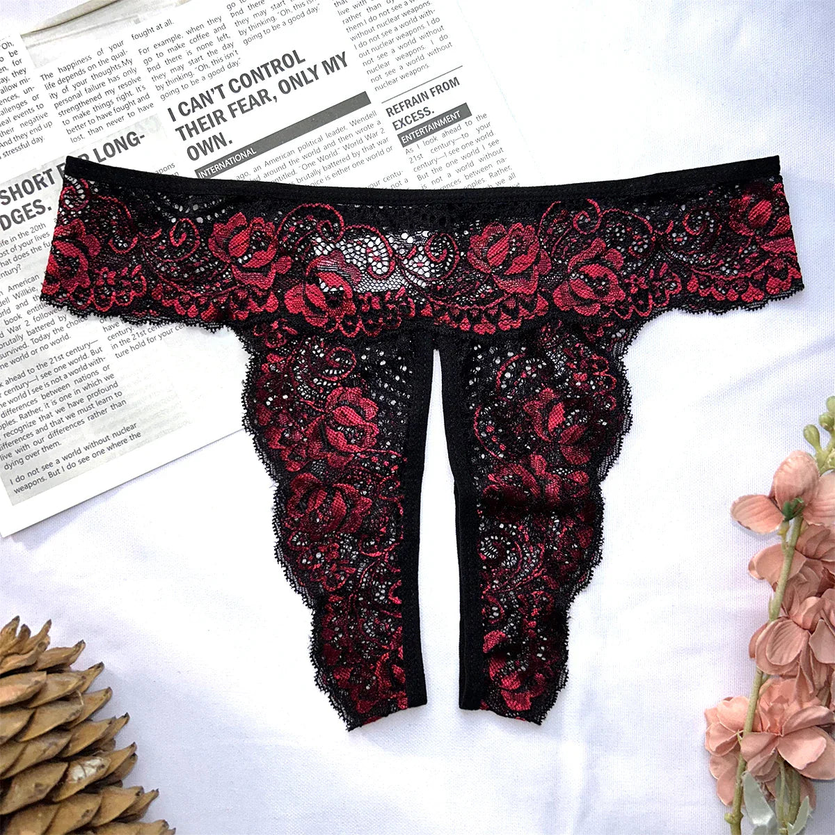 Transparent Lace Romantic Floral Thong Soft & Seductive Open Crotch Women's Underwear Sexy G-string Comfortable Female Lingerie