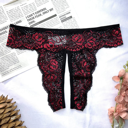 Transparent Lace Romantic Floral Thong Soft & Seductive Open Crotch Women's Underwear Sexy G-string Comfortable Female Lingerie