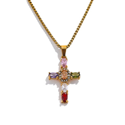 Yhpup Delicate Colorful Bling Cubic Zirconia Cross Pendant Stainless Steel Luxury Necklace High-Grade Fashion Shiny Jewelry Gift
