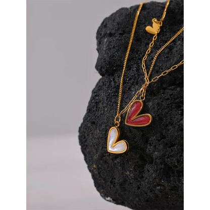 Yhpup Red Enamel White Natural Shell Stainless Steel Heart Pendant Necklace Trendy Exquisite Jewelry Attractive Accessories