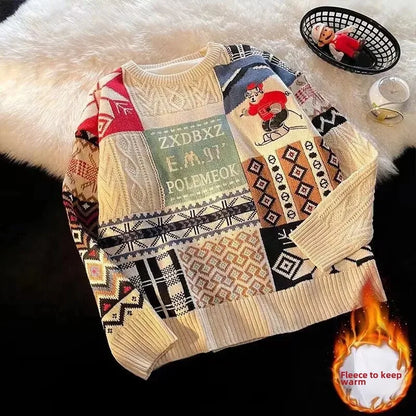 Christmas Sweater Men's Winter Loose-fit Casual Style Knitted Top Jacket American Vintage Fleece-lined Thickened Line Clothes