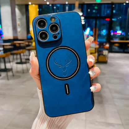 Luxury PU Deer Leather Case For iPhone 16 Pro Max 15 14 13 12 11 Pro Max 15Pro 14Pro 13Pro For Magsafe Wireless Charge Back Case