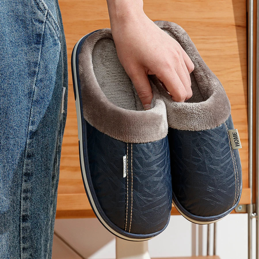 Men's Big Size Winter slippers Indoor PU Leather Home Waterproof Fluffy Casual Slides Men Bedroom Comfy Shoes Houseshoes