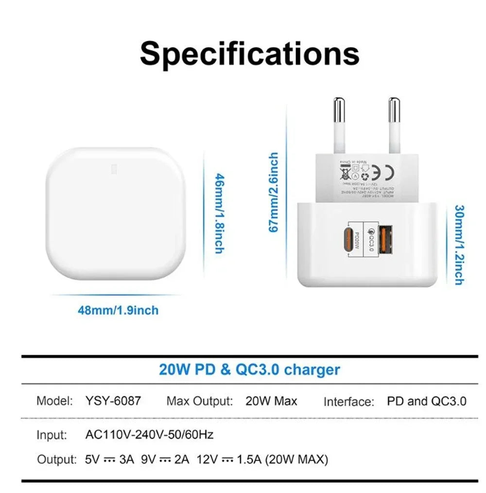 EU US UK 20W Dual Ports Type c USB C PD Wall Charger Fast Quick Charging Power Adapters For IPhone 11 12 13 14 15 Samsung htc lg
