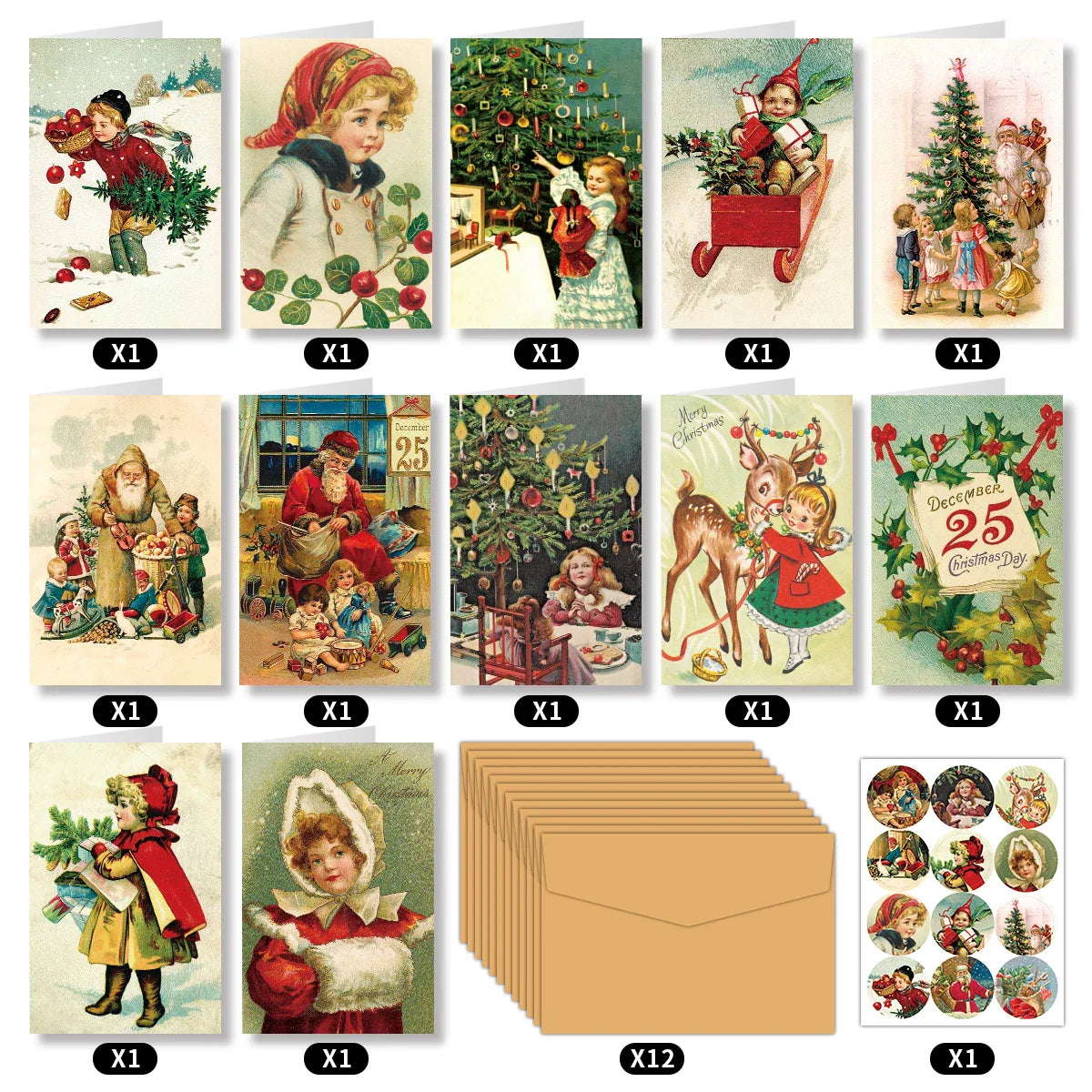 12sets Vintage Christmas Greeting Cards with Envelope Merry Christmas Angels Santa Postcard Holiday Notecards for Friends,Family