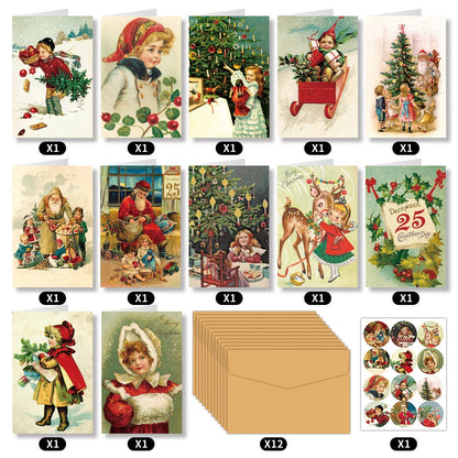 12sets Vintage Christmas Greeting Cards with Envelope Merry Christmas Angels Santa Postcard Holiday Notecards for Friends,Family