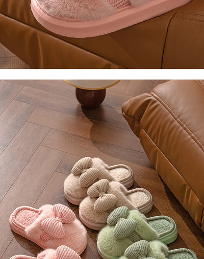 Women Fashion Plush Warm Bows Cotton Slippers Couple Winter New Thick Soft Sole Slides Men Indoor Floor Flat Home Non-slip Shoes