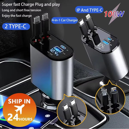 120W 4 IN 1 Car Charger with Retractable Cable and 2 USB Ports USB Type C Cigarette Lighter Adapter For IPhone Samsung Huawei