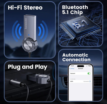 Toocki Wireless Bluetooth 5.1 Receiver Adapter 3.5mm Jack Audio Music Dongle USB Car Bluetooth Transmitter for Aux Car Speaker