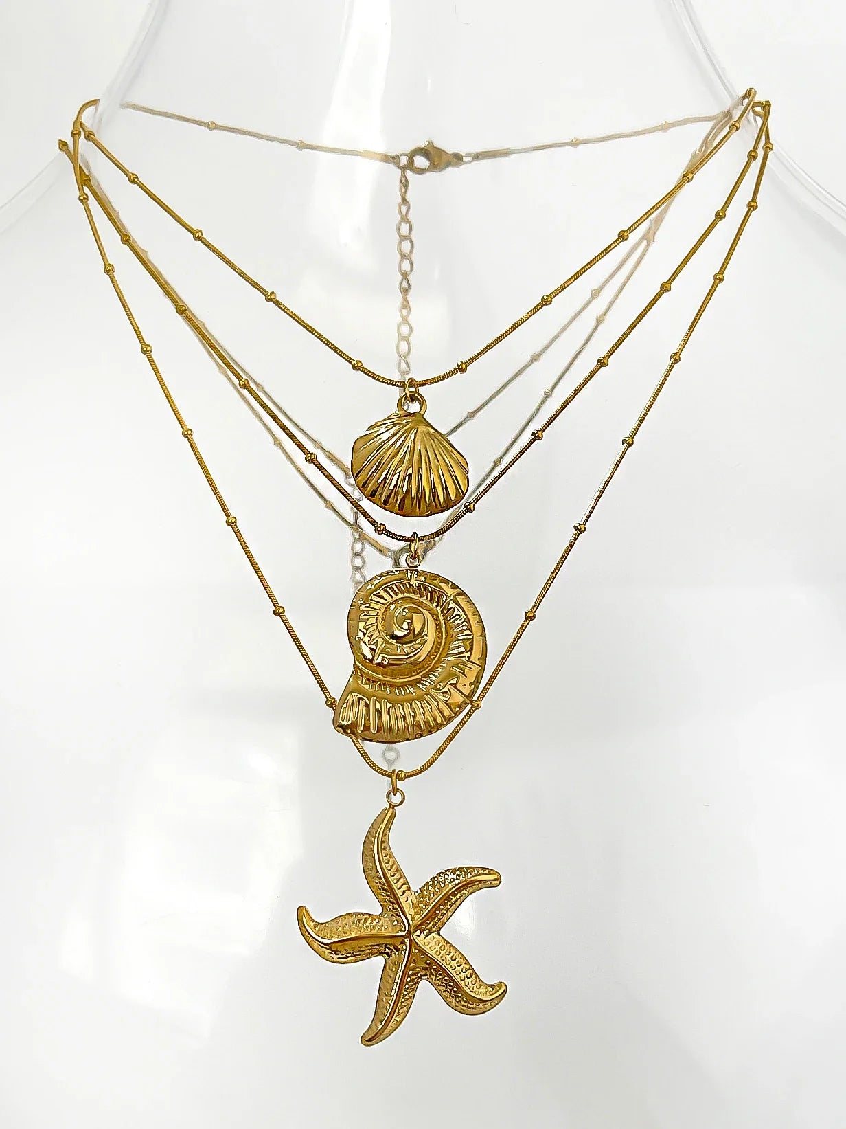 Peri'sbox Minimalist Starfish Stripe Conch Scallop Shaped Pendant Necklace for Women Waterproof Trend Jewelry Summer Beach Party