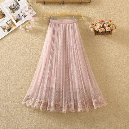 Tutu Tulle Long Maxi Skirt Women Fashion 2023 Korean Cute Pink High Waist Pleated Skirt Mesh Female Lady Aesthetic Faldas