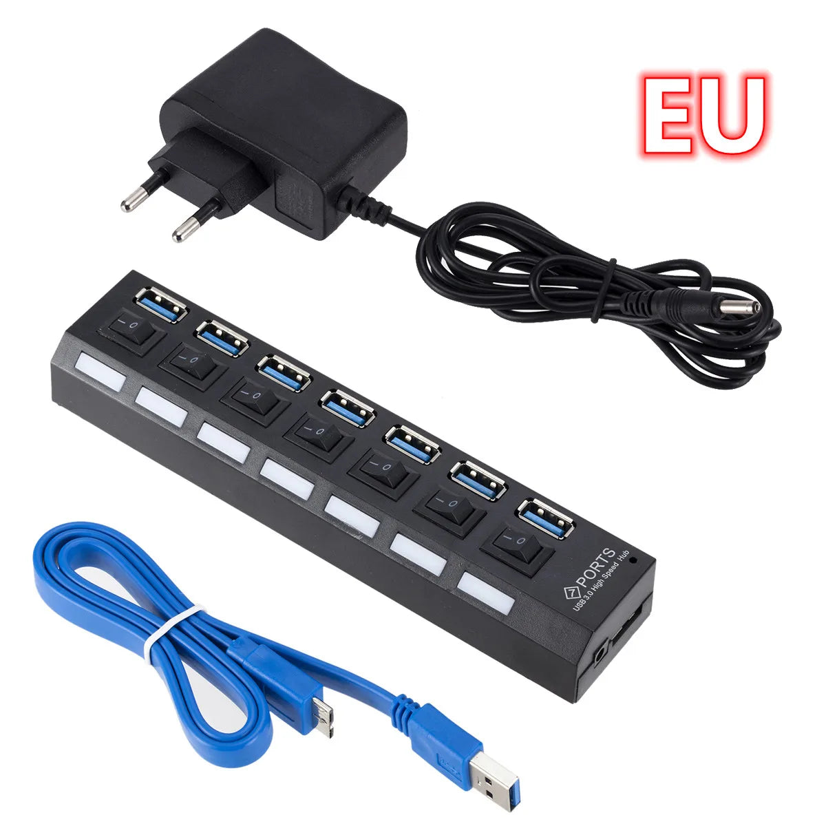 GRWIBEOU USB 3.0 Hub USB Hub 3.0 Use Power Adapter Multi USB Splitter 7 Port Multiple 3 Hab Expander USB Hub with Switch for PC