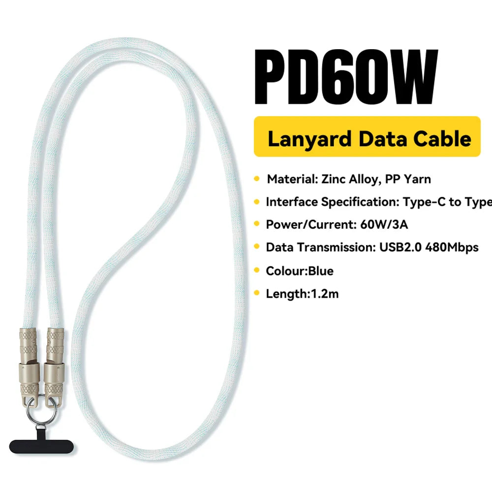 Essager 60W Type C To Type C Fast Charging Cable  For iPhone 16 Xiaomi Huawei  Lanyard  Halter Neck Wrist Multifunctional Cable