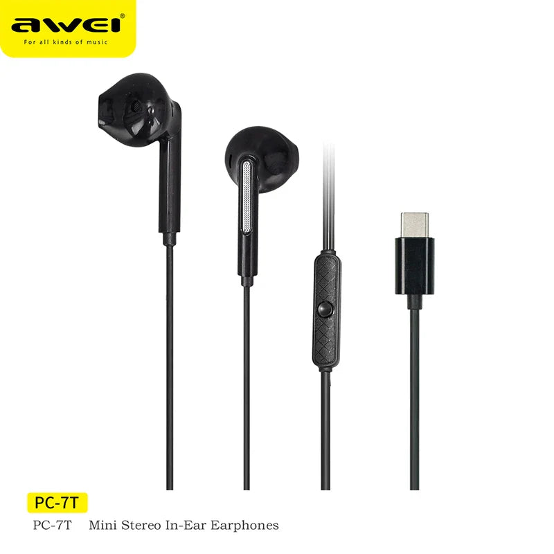 Awei PC-7T/PC-7 Wire-controlled Headset With Microphone Hands-free Calling Ergonomic Headphone Type-C Earphone For Smartphones