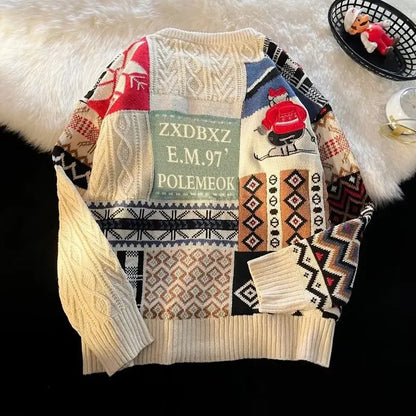 Christmas Sweater Men's Winter Loose-fit Casual Style Knitted Top Jacket American Vintage Fleece-lined Thickened Line Clothes