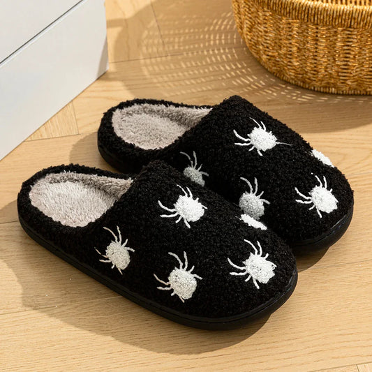 Women Halloween Fashion Cute Little Spider Winter Slippers Indoor Warm Comfort Soft Sole Non Slip Leisure Bedroom Plush Shoes