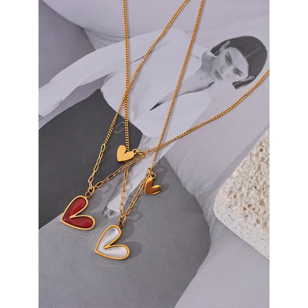 Yhpup Red Enamel White Natural Shell Stainless Steel Heart Pendant Necklace Trendy Exquisite Jewelry Attractive Accessories