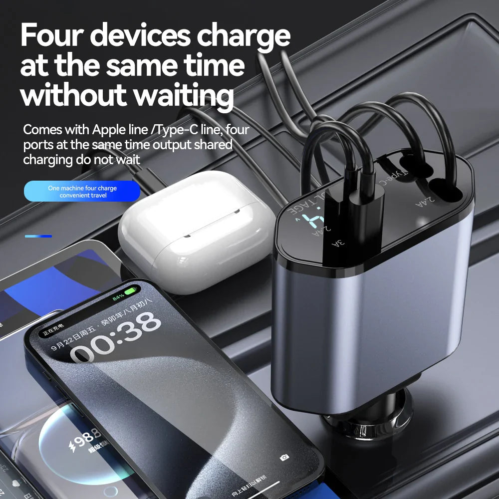 120W 4 IN 1 Car Charger with Retractable Cable and 2 USB Ports USB Type C Cigarette Lighter Adapter For IPhone Samsung Huawei
