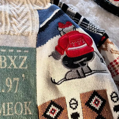 Christmas Sweater Men's Winter Loose-fit Casual Style Knitted Top Jacket American Vintage Fleece-lined Thickened Line Clothes