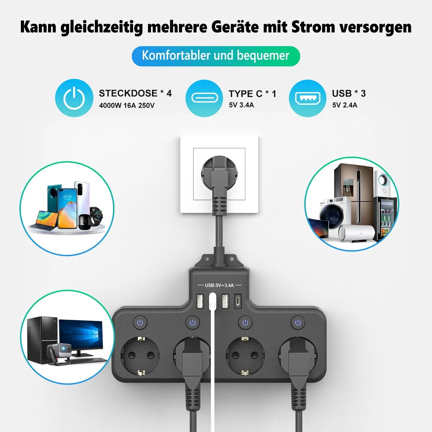 European plug power strip multi-contact socket with 3 USB and 1Type-C ports household power socket with switch surge protector