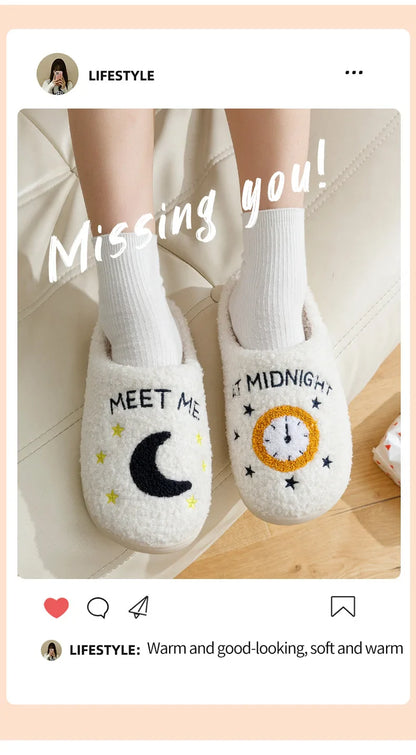 Warm Slippers  Cushion Slides Meet Me At Midnight Soft Warm Comfort Flat Cozy Fuzzy Woman House Slippers Funny Shoes