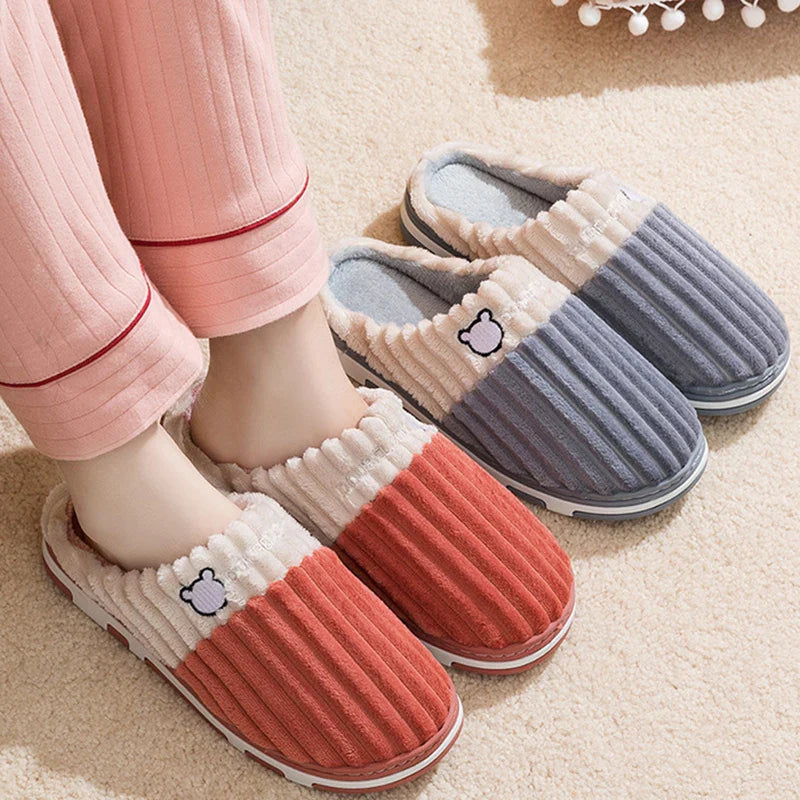 Smile Pop Women Confinement Soft Cotton Slippers Warm Non-slip Plush Home Cotton Slippers Men Winter Couple Cotton Slippers