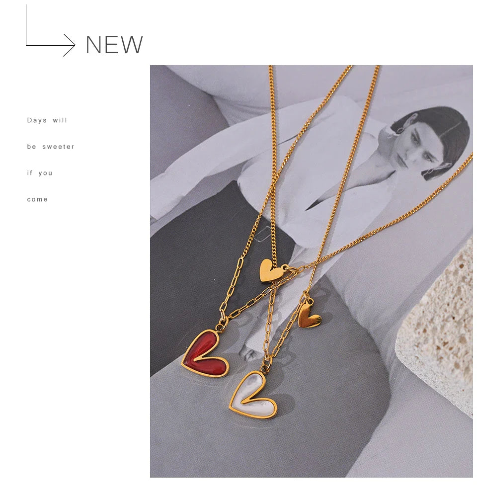 Yhpup Red Enamel White Natural Shell Stainless Steel Heart Pendant Necklace Trendy Exquisite Jewelry Attractive Accessories
