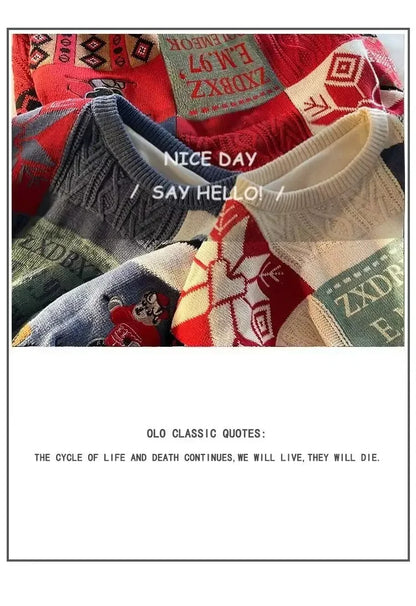 Christmas Sweater Men's Winter Loose-fit Casual Style Knitted Top Jacket American Vintage Fleece-lined Thickened Line Clothes