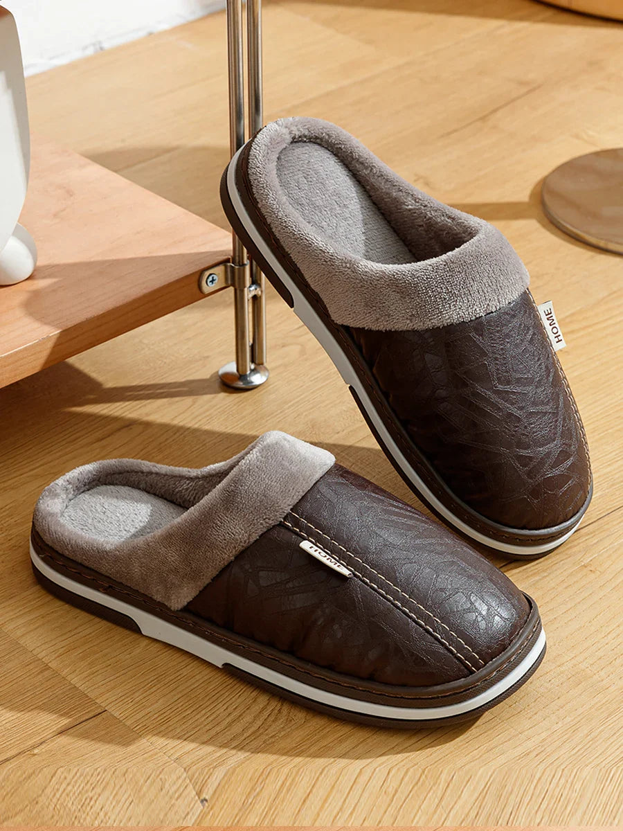 Men's Big Size Winter slippers Indoor PU Leather Home Waterproof Fluffy Casual Slides Men Bedroom Comfy Shoes Houseshoes