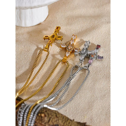 Yhpup Delicate Colorful Bling Cubic Zirconia Cross Pendant Stainless Steel Luxury Necklace High-Grade Fashion Shiny Jewelry Gift