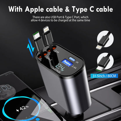 Retractable Car Charger, 4 in 1 Fast Car Phone Charger with Cord 2.6ft, Retractable Cable and 2 USB Ports Car Charger Adapt