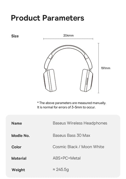 Baseus Bass 30 Max Wireless Headset Bluetooth 5.3 Over Headphones Bass-Enhancing 40mm Diaphragm Ultra Low Latency Earphones 50H