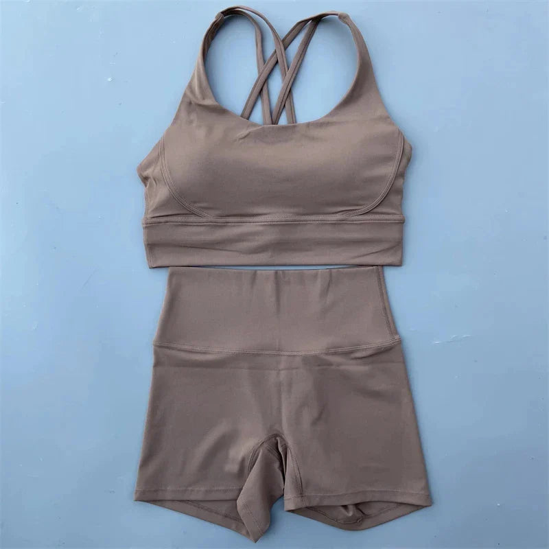 Solid Color gym bike Yoga Set short Legging +cross sport bra Tracksuit  Athletic Women Gym Suit Comprehensive Training Jogging