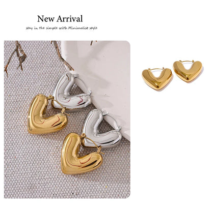 Yhpup Fat Fashion Stainless Steel Heart Chunky Hoop Earrings Charm Metal Texture Rust Proof Versatile Jewelry серьги тренд