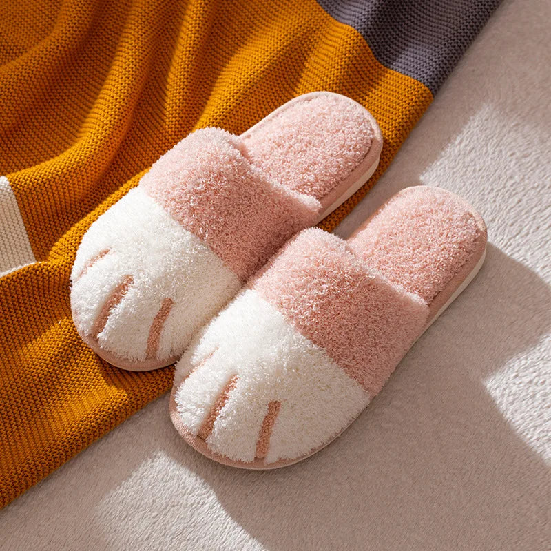 Shevalues Indoor Warm Plush Slippers For Women Men Cute Cat Paw Design House Fur Slippers Mute Flats Slides Indoor Fluffy Shoes