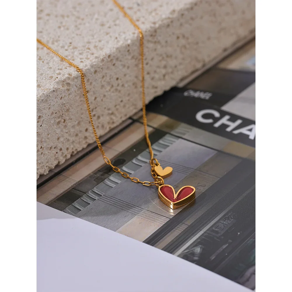 Yhpup Red Enamel White Natural Shell Stainless Steel Heart Pendant Necklace Trendy Exquisite Jewelry Attractive Accessories