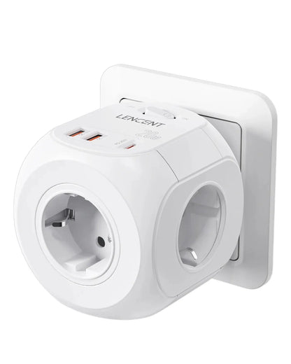 LENCENT EU Plug Wall Socket Extender with 4 AC +QC3.0USBX2 +1 Type C PD20W Fast Charger Adapter 7-in-1 Socket On/Off Switch