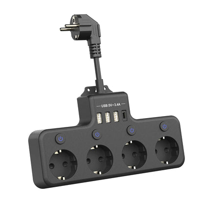 European plug power strip multi-contact socket with 3 USB and 1Type-C ports household power socket with switch surge protector