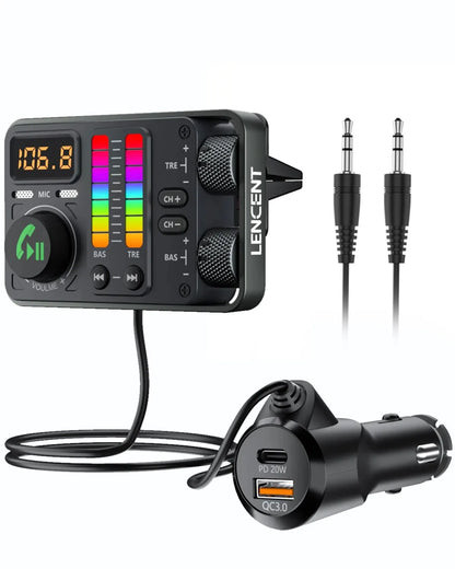 LENCENT Bluetooth 5.3 Car FM Transmitter, Hi-Fi Treble & Bass Music Player, PD20W QC18W Fast Car Charger, Radio Bluetooth Car Ad