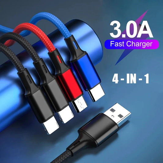 4 In 1 USB Cable For iPhone 3 In 1 USB A To Micro USB/Type C/8 Pin Charger Kable 3A Fast Charging Cabl For Huawei Samsung Xiaomi