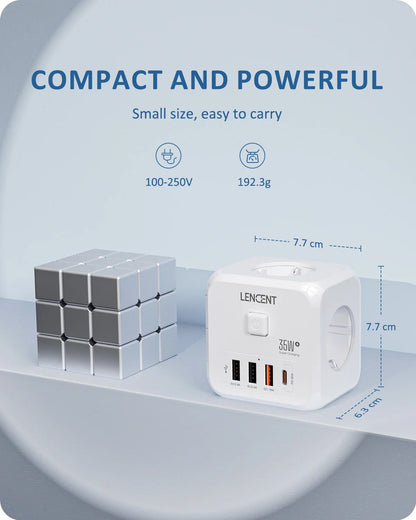 LENCENT EU Plug Power Strip Wall Socket with 3 AC+3 USB QC 18W +1 Type C PD 35W Fast Charger Adapter 7-in-1 Socket On/Off Switch