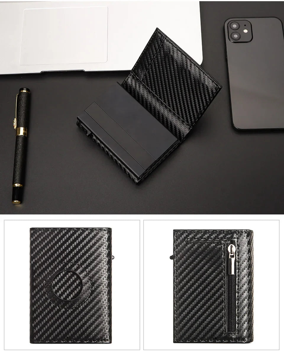 Men Smart Wallet Credit Card Holder for AirTag Carbon Fiber Aluminum Automatic Pop Out Cardholder Case with Money Clip