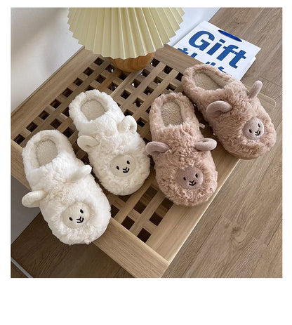 Women Home Fluffy Slippers Platform Anti Slip Comfortable Warm Shoes Cute Sheep Outdoor Couple Slippers Women Men Ladies Shoes