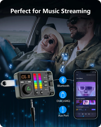 LENCENT Bluetooth 5.3 Car FM Transmitter, Hi-Fi Treble & Bass Music Player, PD20W QC18W Fast Car Charger, Radio Bluetooth Car Ad