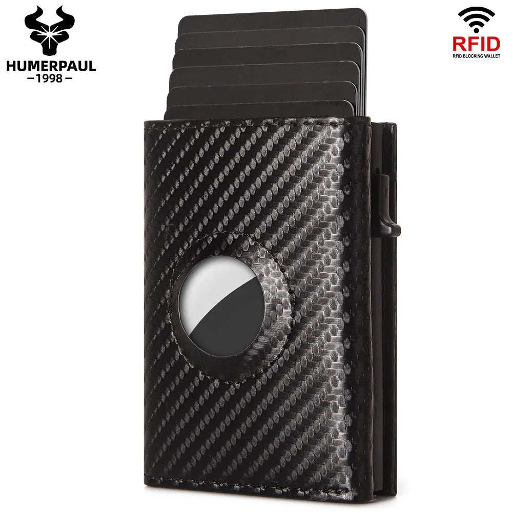 Men Smart Wallet Credit Card Holder for AirTag Carbon Fiber Aluminum Automatic Pop Out Cardholder Case with Money Clip