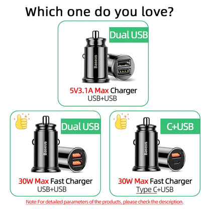 Baseus USB Car Charger Quick Charge QC 4.0 PD 3.0 5A Dual USB Type C Fast Charging Car Charger For iPhone 14 Pro Xiaomi POCO